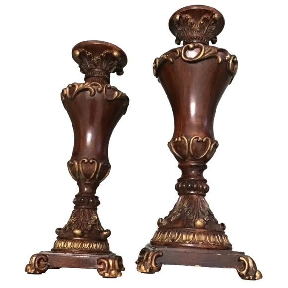 SET OF 2 BROWN CONTEMPORARY CLASSIC PILLAR CANDLE HOLDERS